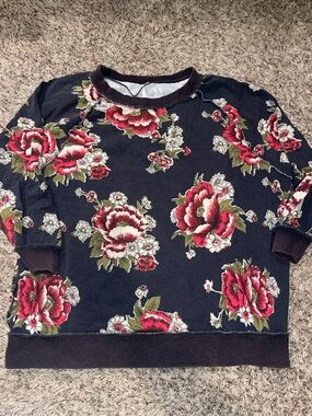 Free People Vintage Ins. Black Crewneck Sweatshirt with Red and Cream Floral